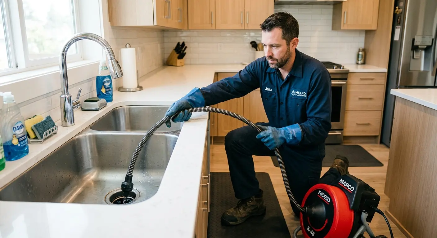 Drain cleaning technician using a motorized snake on a kitchen sink in Southport