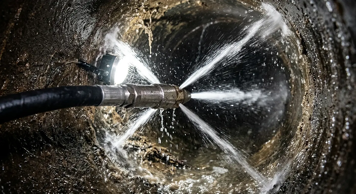 High-pressure hydro jetting nozzle cleaning sewer pipe for Sewer Cleanout in Southport