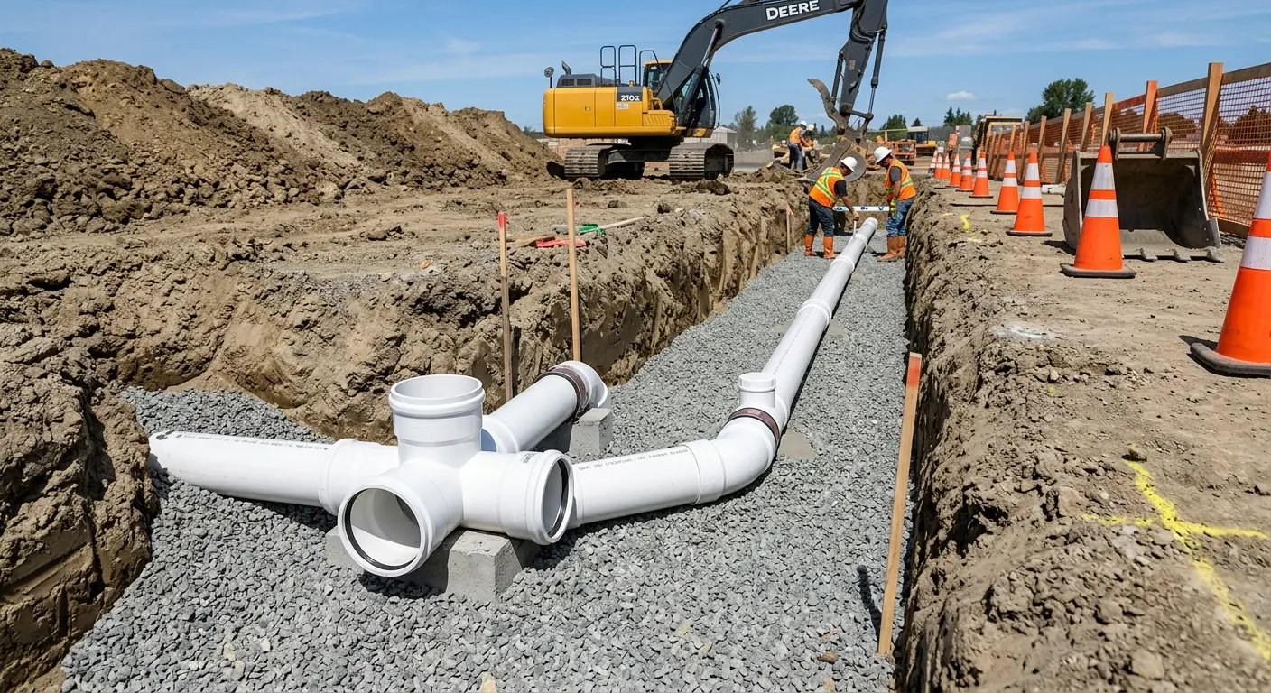 New PVC sewer pipe installation in open trench for Commercial Drain Cleaning in Southport