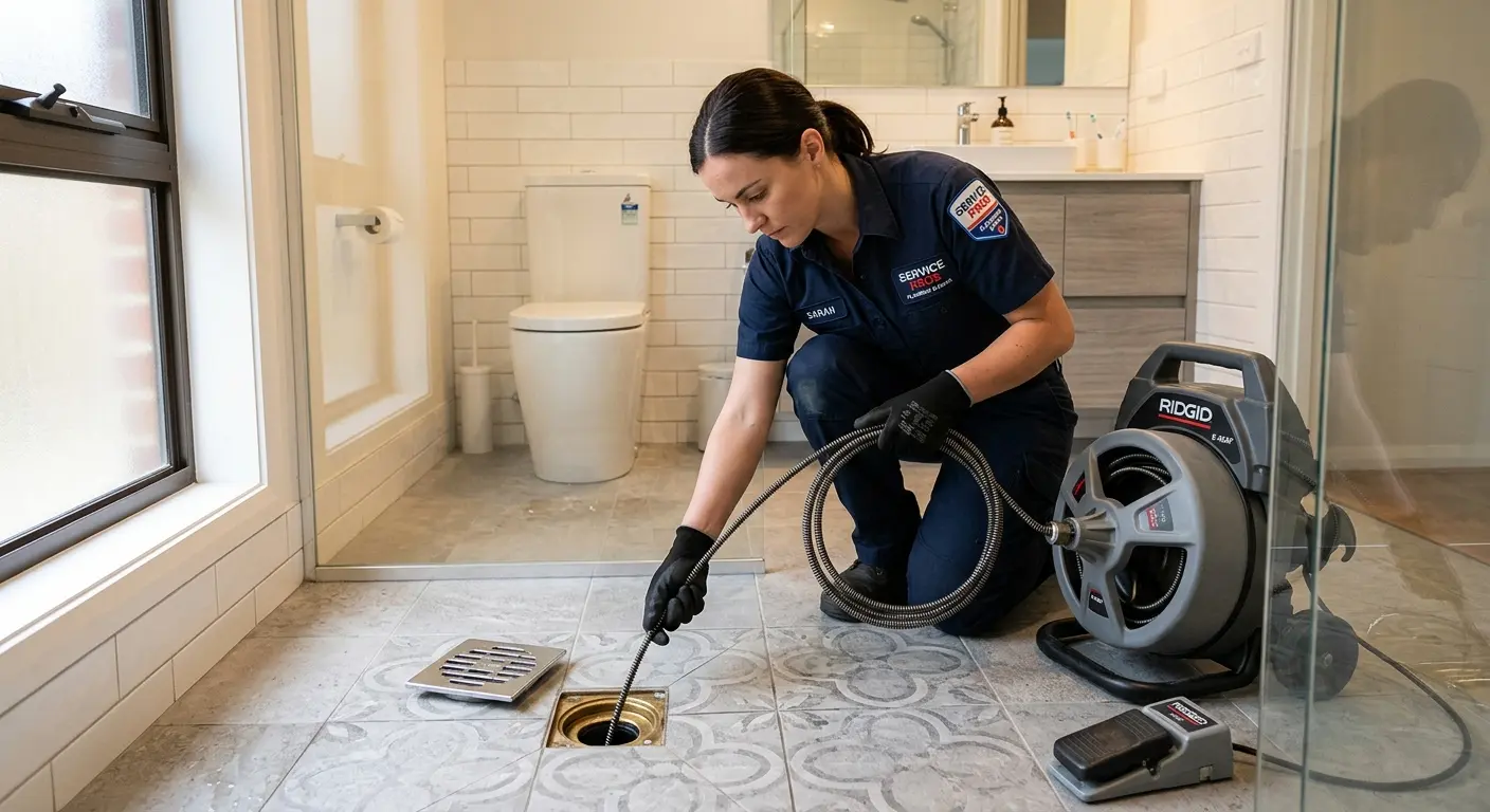 Technician clearing a bathroom floor drain for Clogged Drain Repair in Southport
